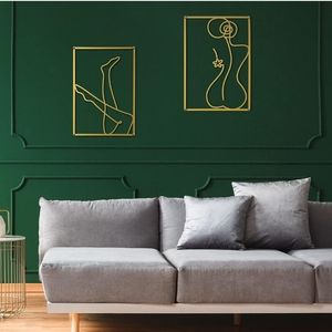 (2)PC FEMININE BODY SHAPE SET GOLDEN METAL FRAMED ART FEMALE FACE